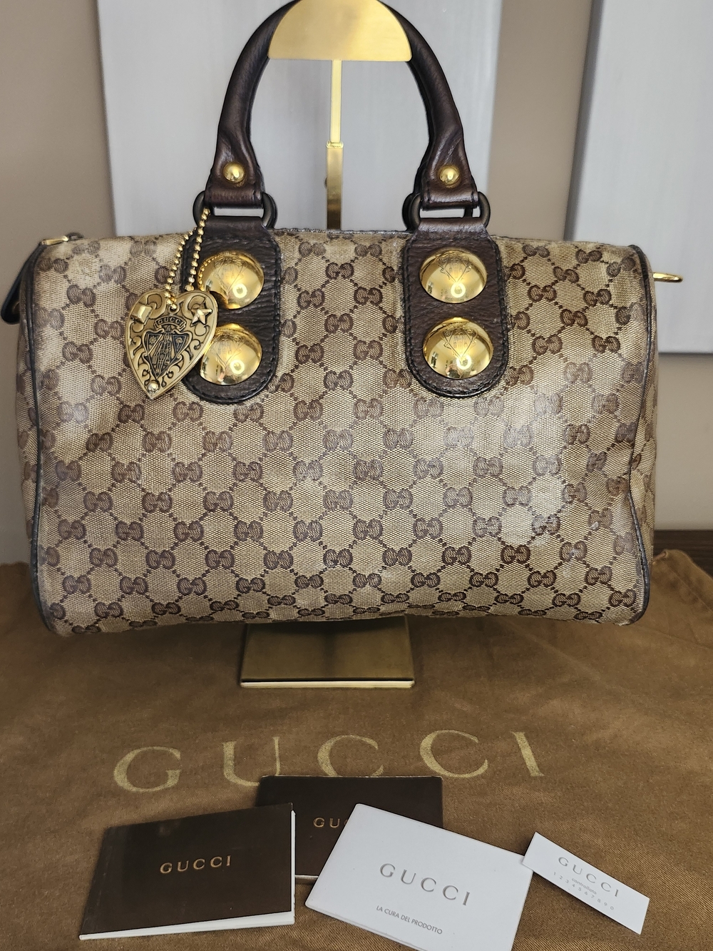 Gucci GG Crystal Babouska Hysteria Boston Bag featuring heart-shaped charm - Picture 15 of 16